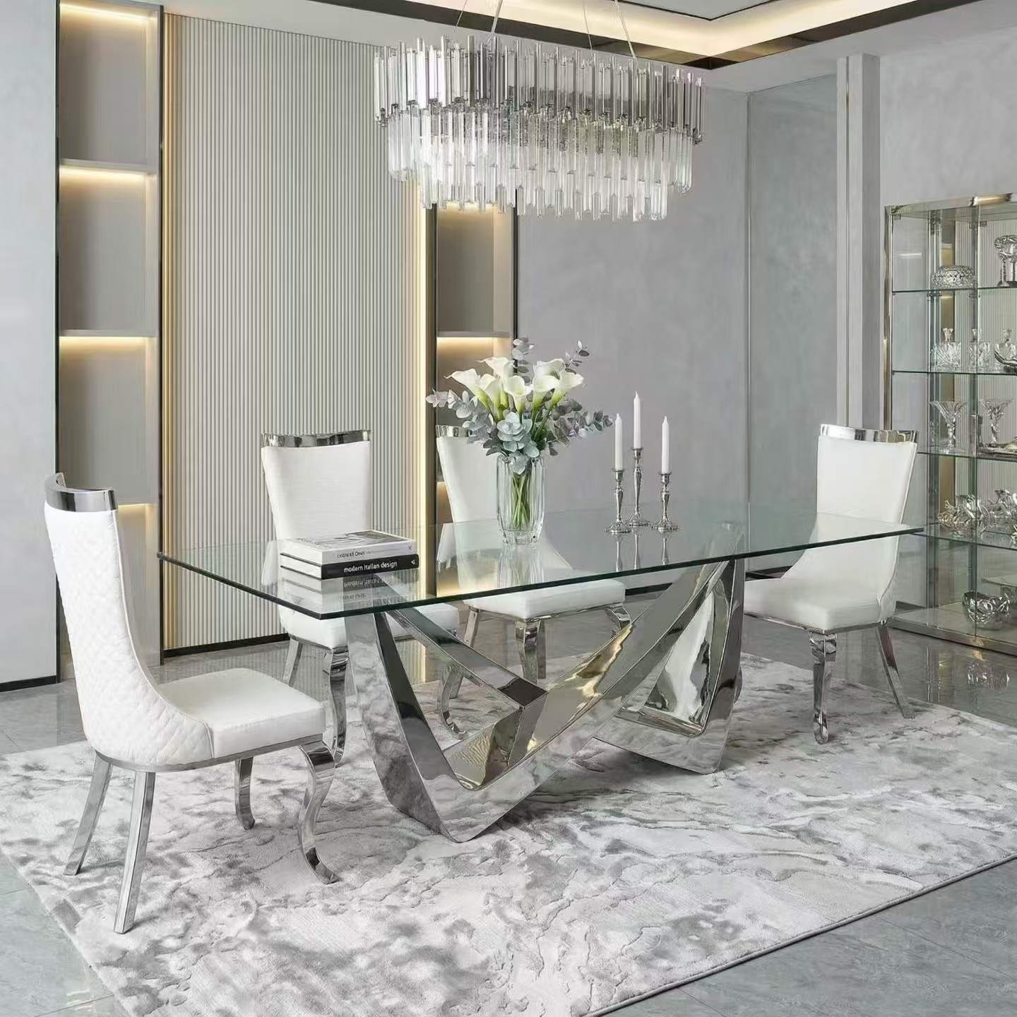 Staggered mirror stainless glass dining table