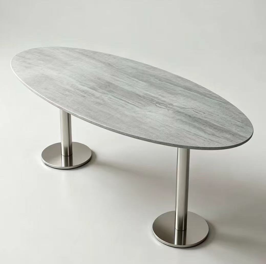 Double-column stainless steel oval dining table